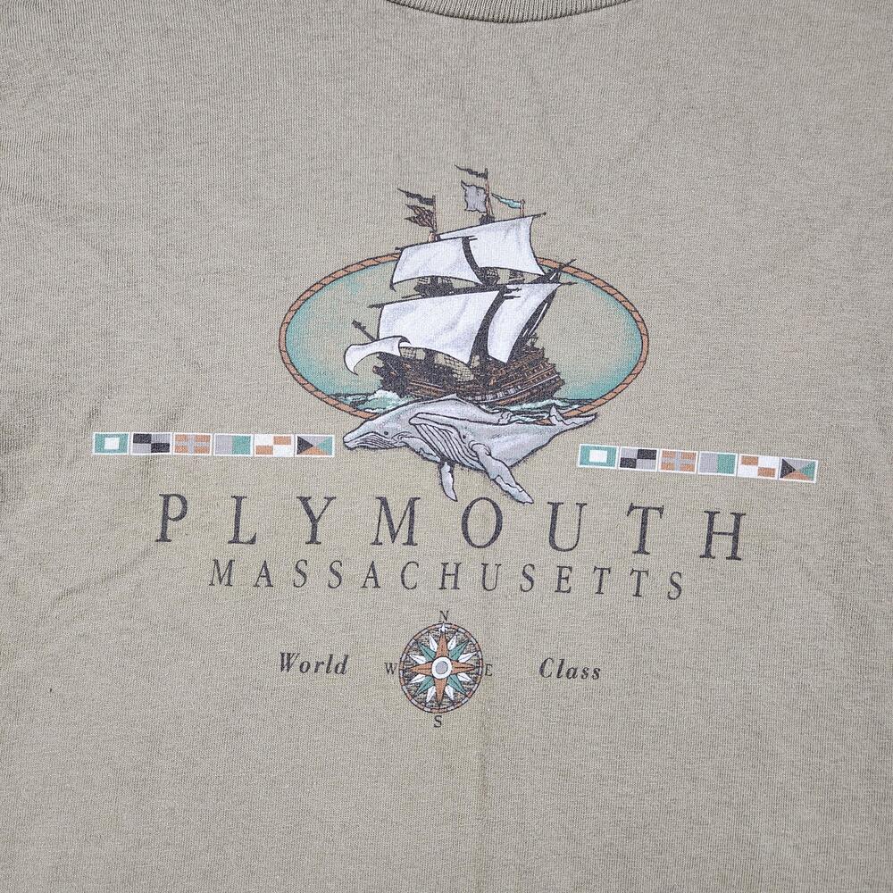 Vintage Plymouth Massachusetts Shirt Mens Large Green Sailboat Nautical Whale
